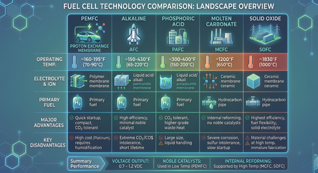 Prominent low-temperature fuel cell types